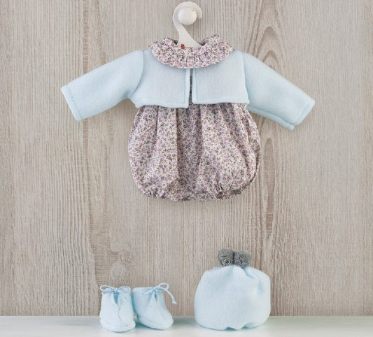 Vestito Bambola 43-46 cm con Maglioncino azzurro e pagliaccetto floreale