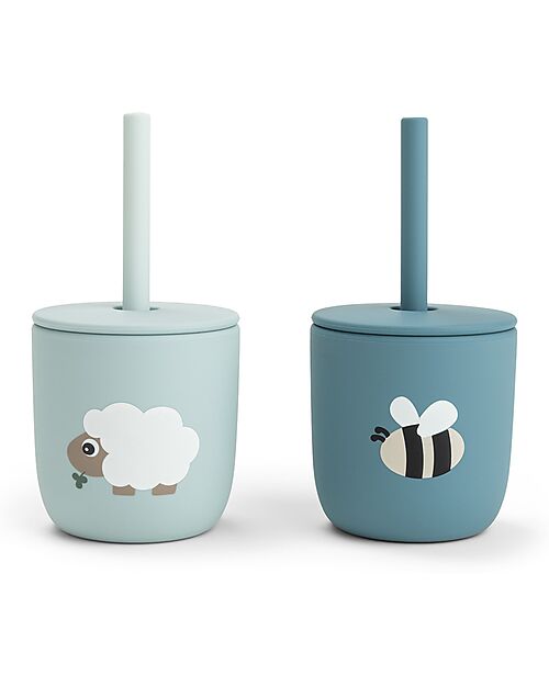 Set 2 Tazze con Tappo e Cannuccia 120 ml - Tiny Farm Blu