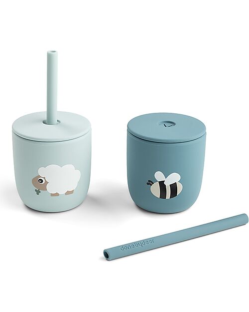 Set 2 Tazze con Tappo e Cannuccia 120 ml - Tiny Farm Blu