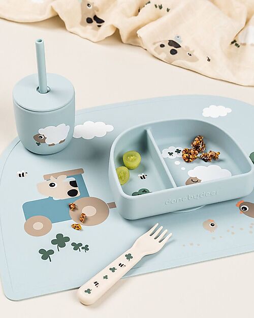 Set 2 Tazze con Tappo e Cannuccia 120 ml - Tiny Farm Blu