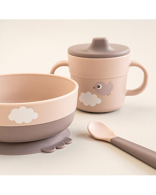 Set Pappa Foodie - Ciotola Tazza e Cucchiaio - Happy Clouds Rosa Cipria