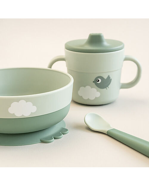 Set Pappa Foodie - Ciotola Tazza e Cucchiaio - Happy Clouds Verde