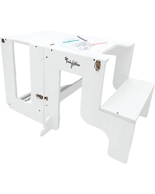 Torre Montessori 3 in 1-Bianca con lavagna magnetica-convertibile in tavolo+sedia