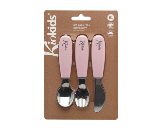 Posate in acciaio e silicone rosa