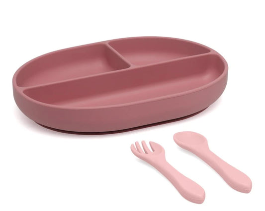 Set posate e piatto tripartito in silicone con ventosa